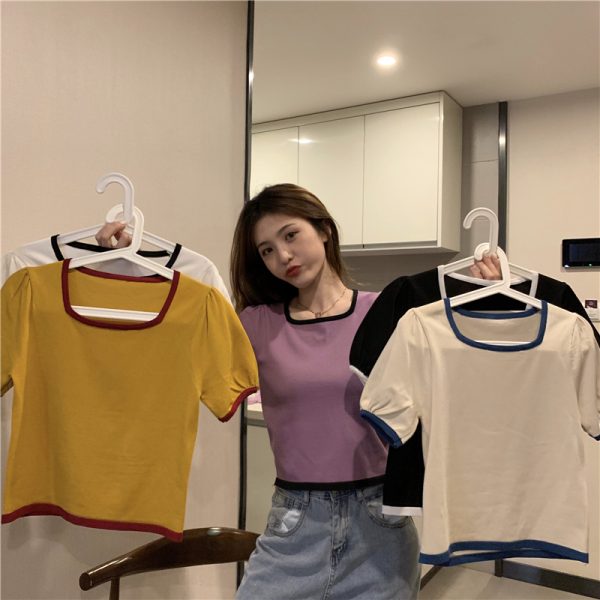 Short knitted retro T-shirt short sleeve slim tops